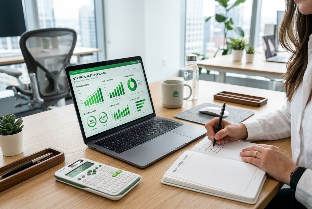 Premium desk setup with laptop displaying financial performance charts